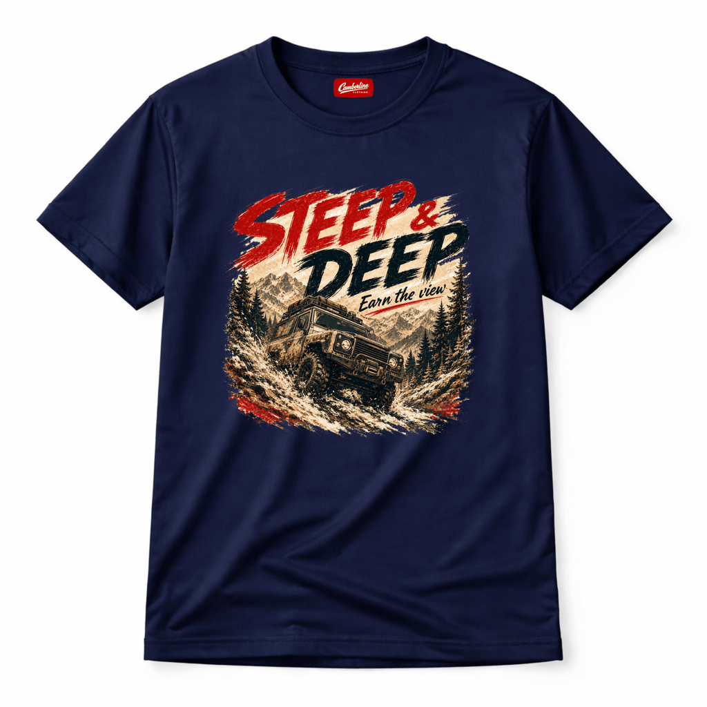 Camberline Cars Steep And Deep 4x4 T-Shirt in Navy showing front graphic