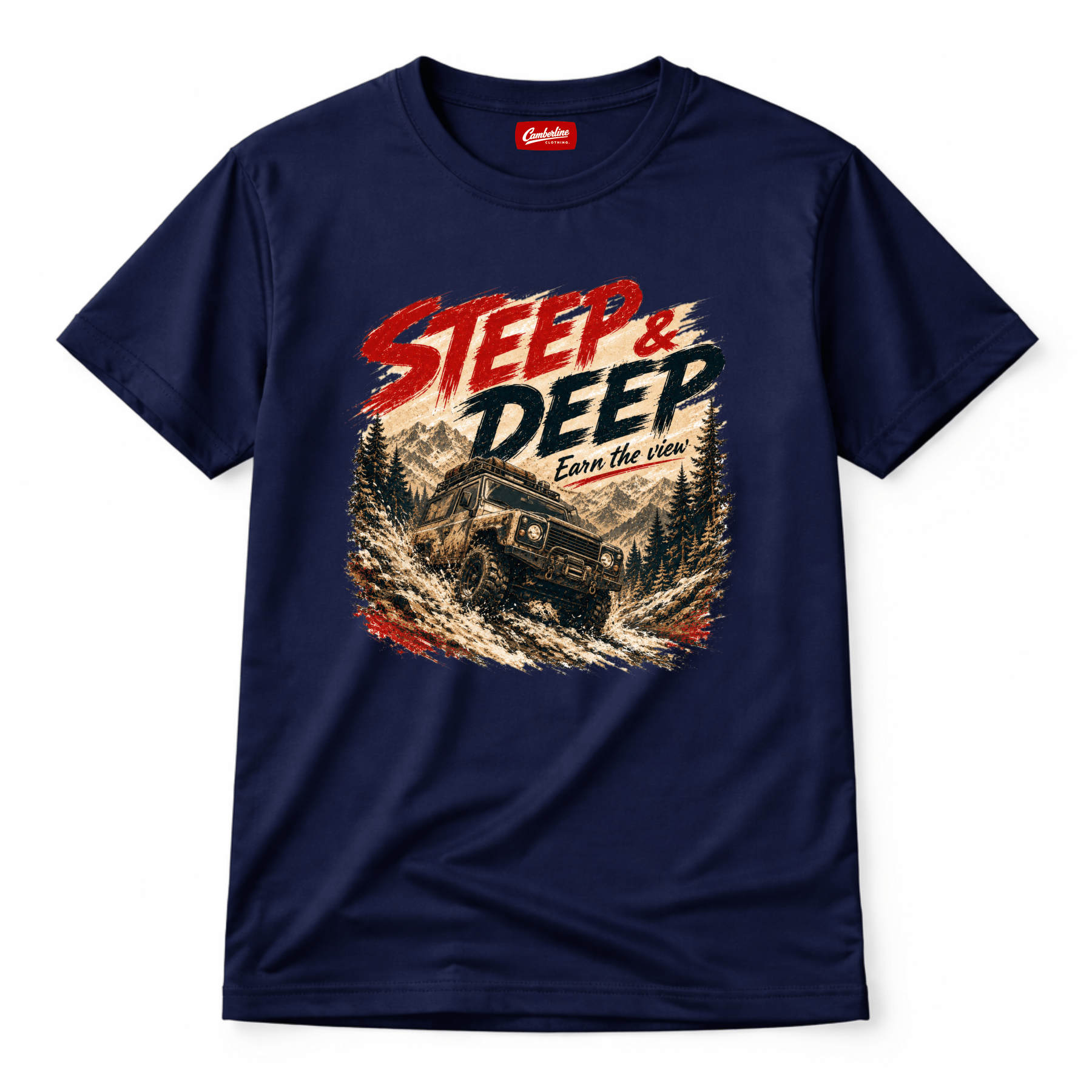 Camberline Cars Steep And Deep 4x4 T-Shirt in Navy showing front graphic