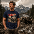 Model wearing Camberline Cars Steep And Deep 4x4 T-Shirt in Navy, styled for car and 4x4 culture