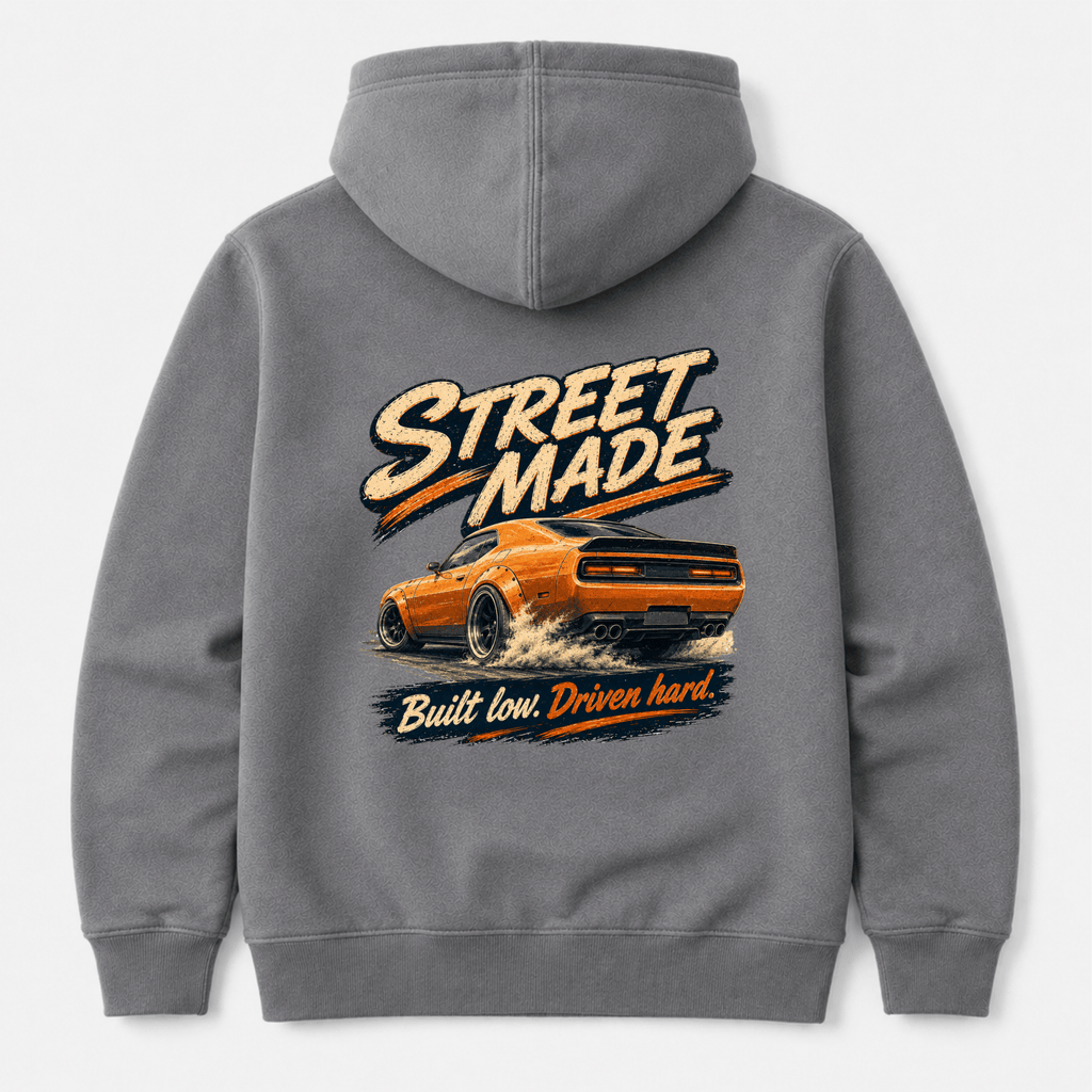 Camberline Cars Street Made Muscle Car Hoodie in Charcoal showing back graphic