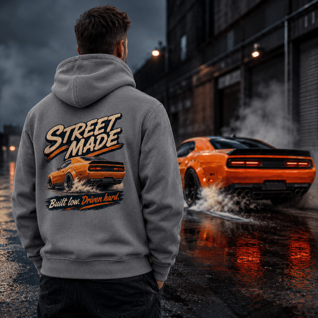 Model wearing Camberline Cars Street Made Muscle Car Hoodie in Charcoal, styled for car and 4x4 culture