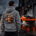 Model wearing Camberline Cars Street Made Muscle Car Hoodie in Charcoal, styled for car and 4x4 culture