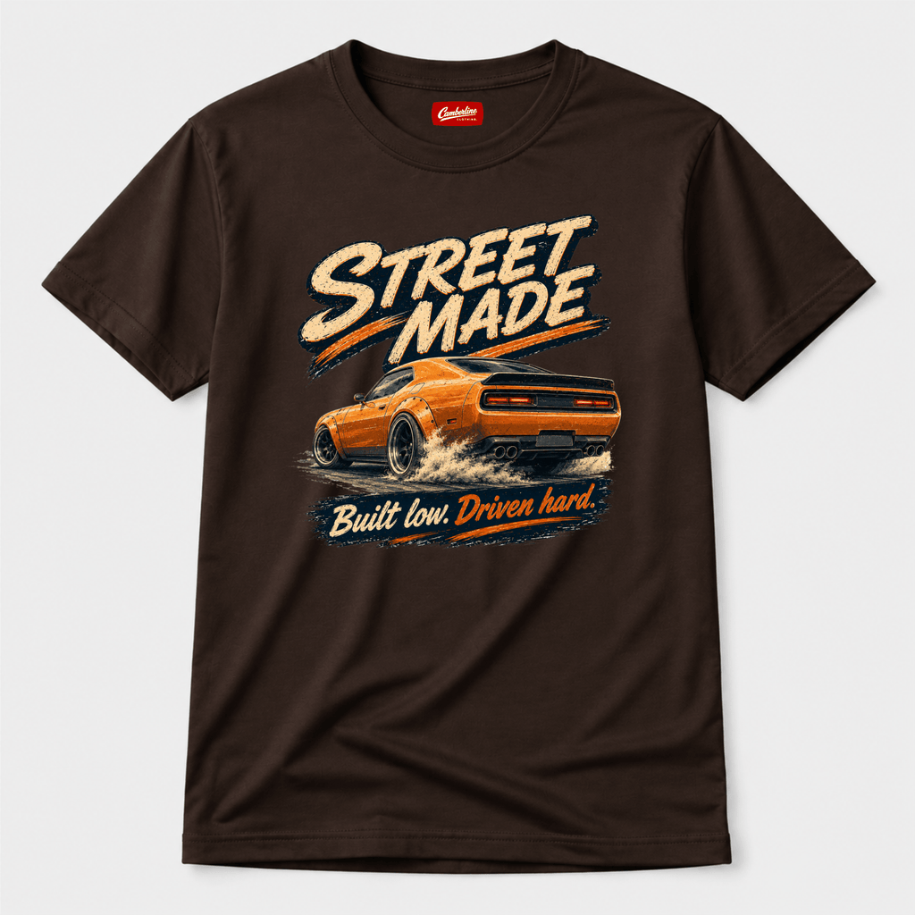 Camberline Cars Street Made Muscle Car T-Shirt in Dark Chocolate showing front graphic