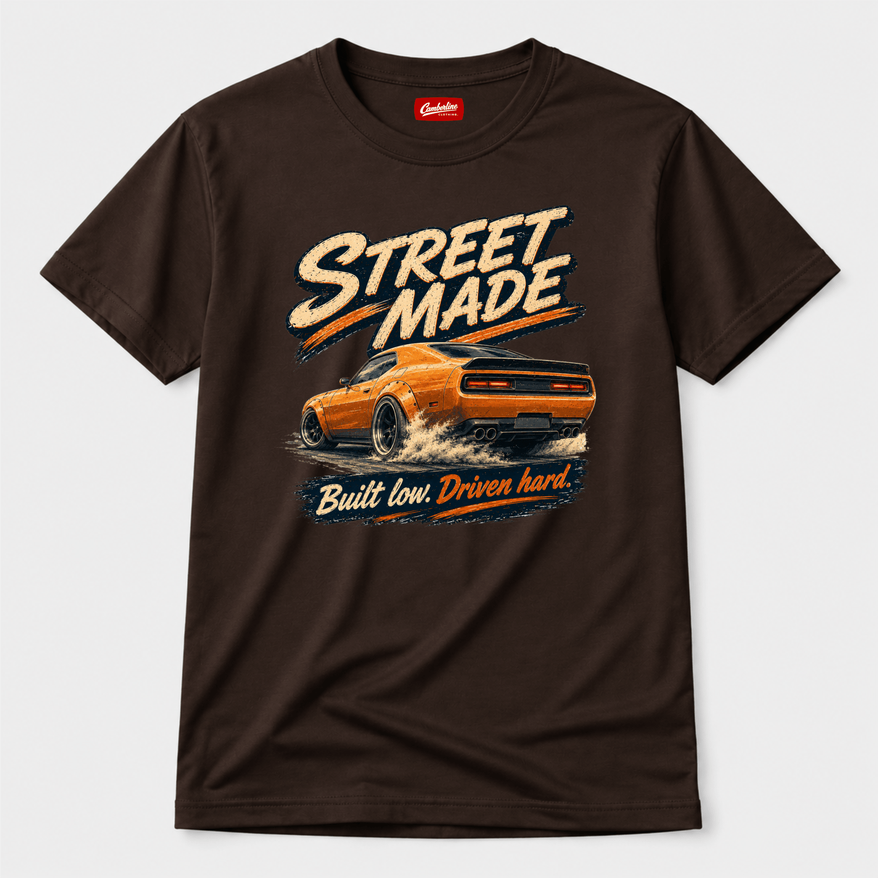 Camberline Cars Street Made Muscle Car T-Shirt in Dark Chocolate showing front graphic