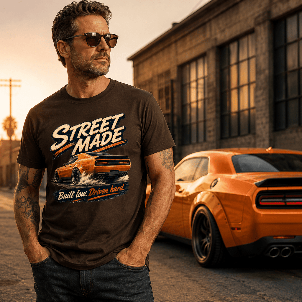 Model wearing Camberline Cars Street Made Muscle Car T-Shirt in Dark Chocolate, styled for car and 4x4 culture