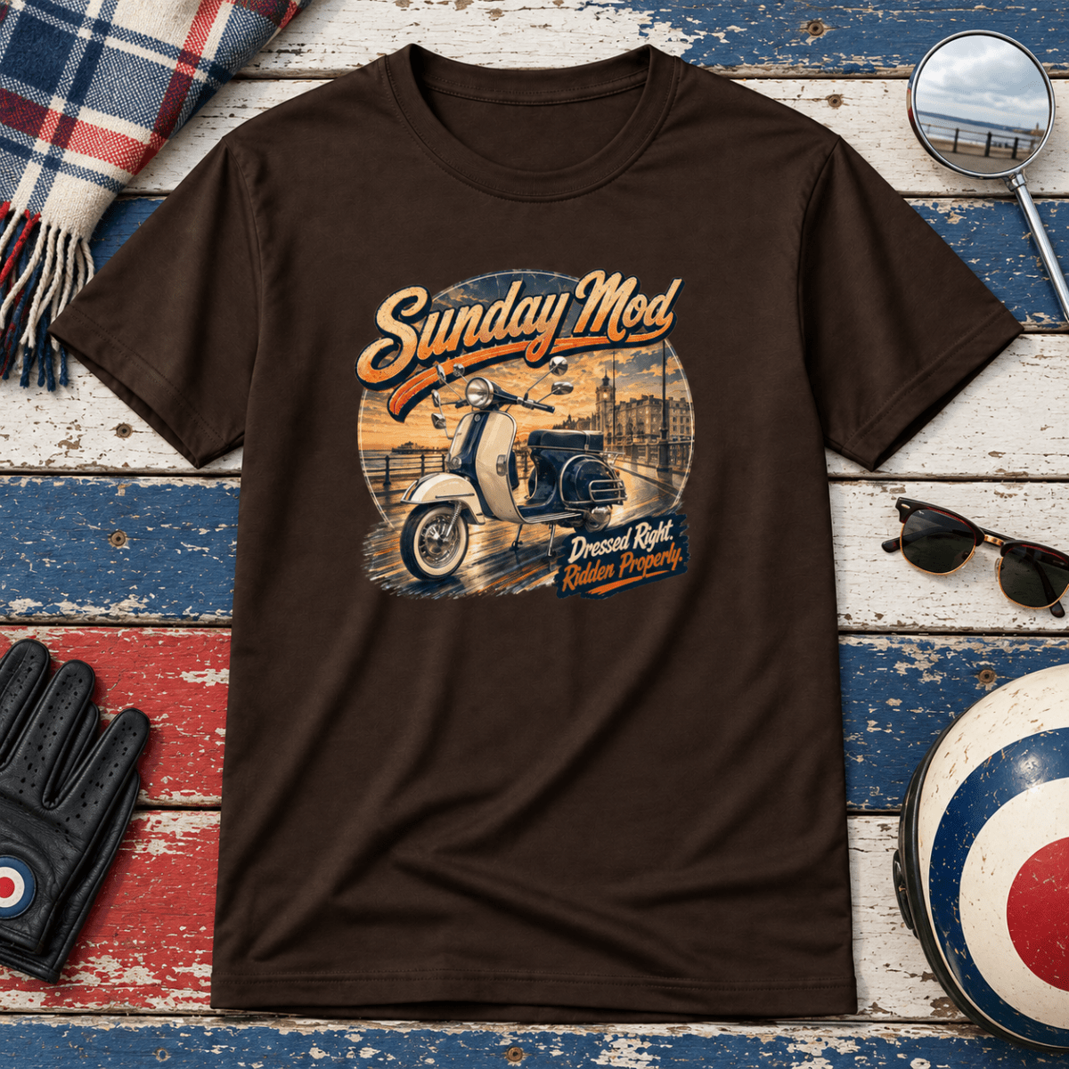 Sunday Mod classic scooter brown T-shirt front hero in a vintage seaside club setting