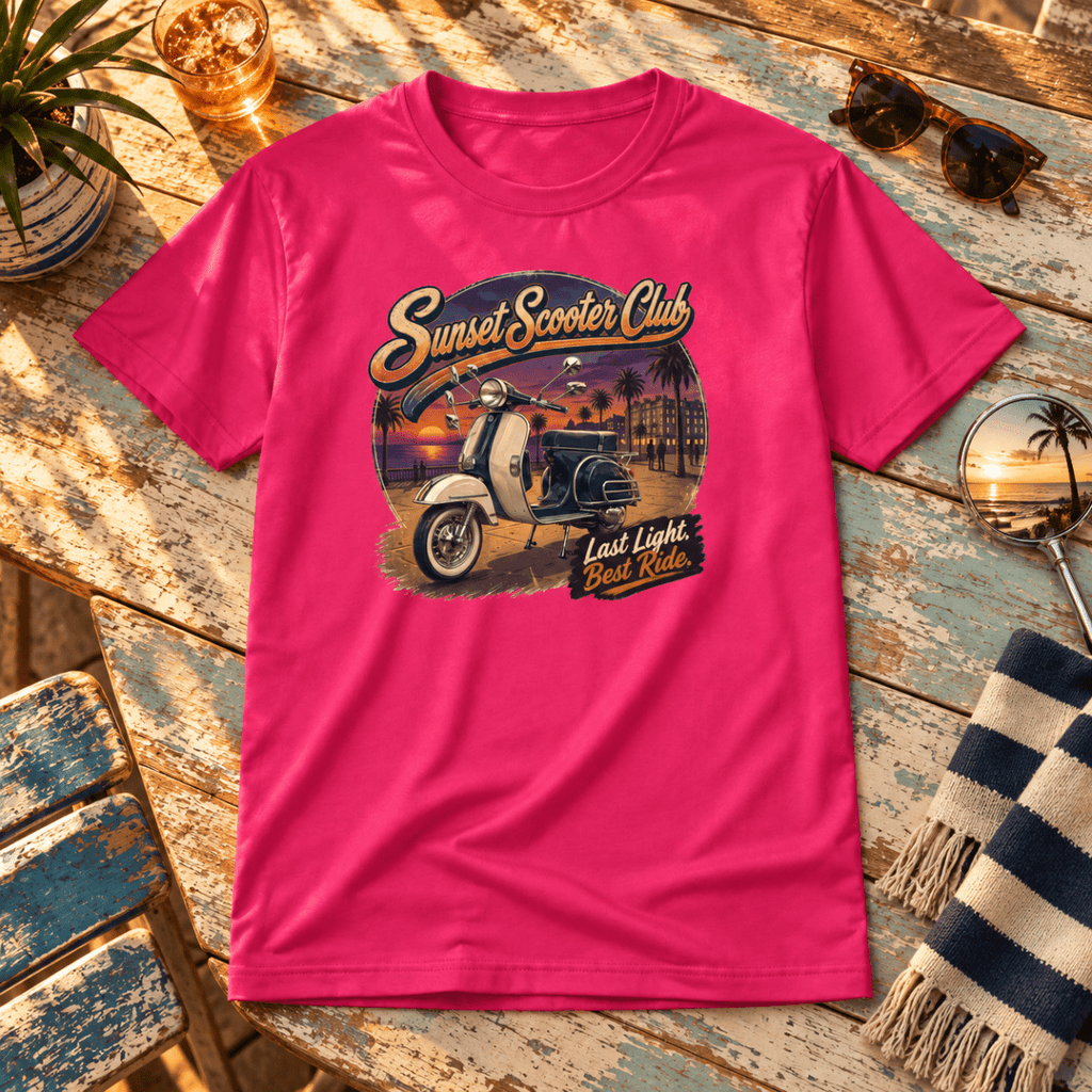 Sunset Club vintage Mod scooter pink T-shirt front hero in a warm coastal clubhouse