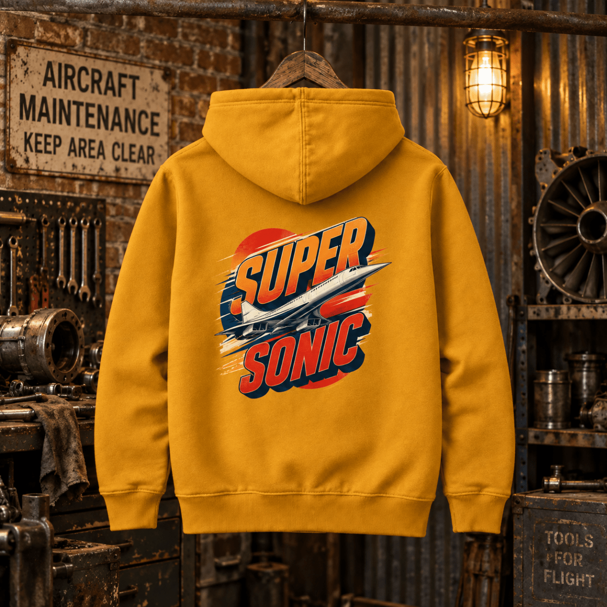 Mustard Super Sonic Concorde graphic hoodie hanging in a gritty vintage aviation workshop