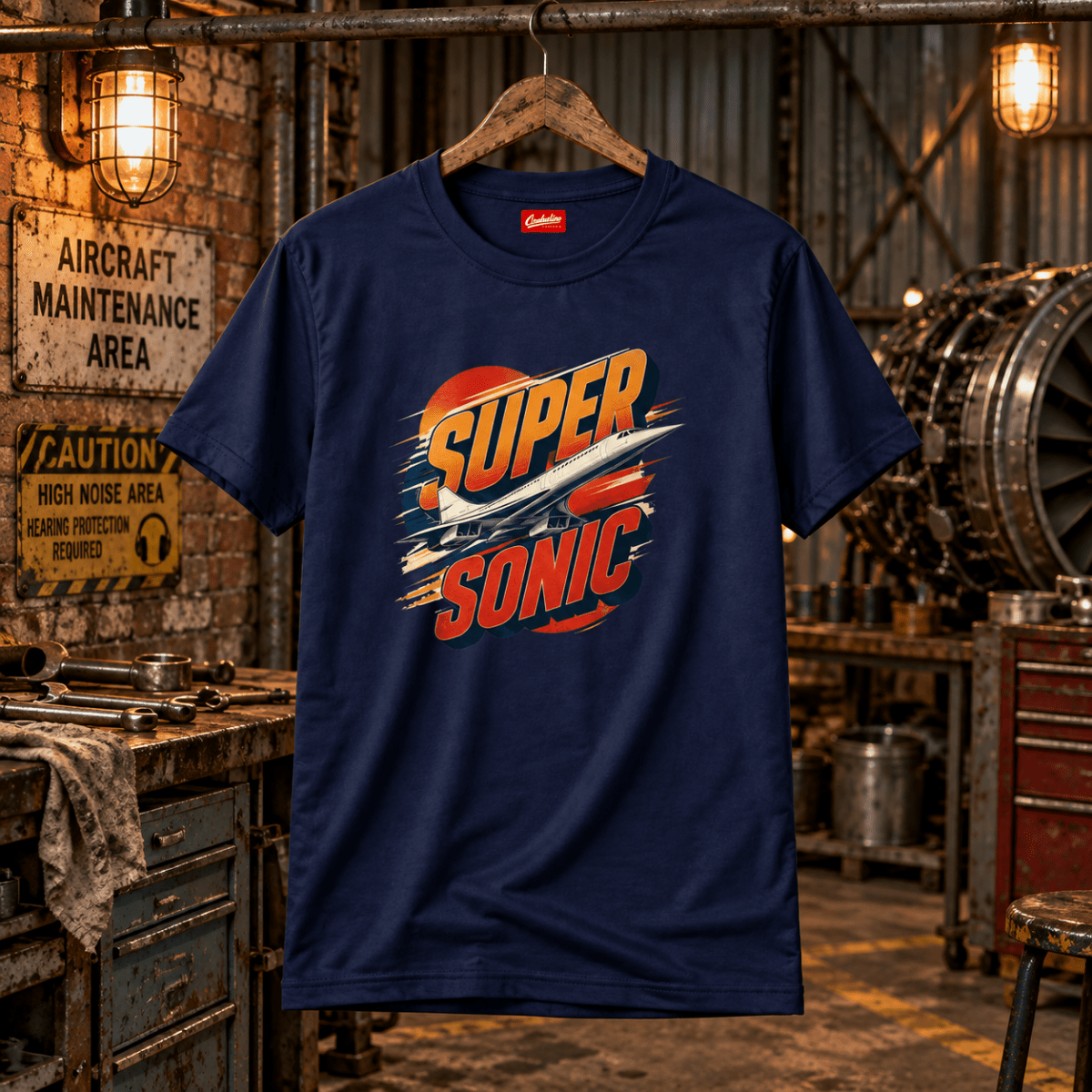 Navy Super Sonic Concorde graphic T-shirt hanging in a gritty vintage aviation workshop