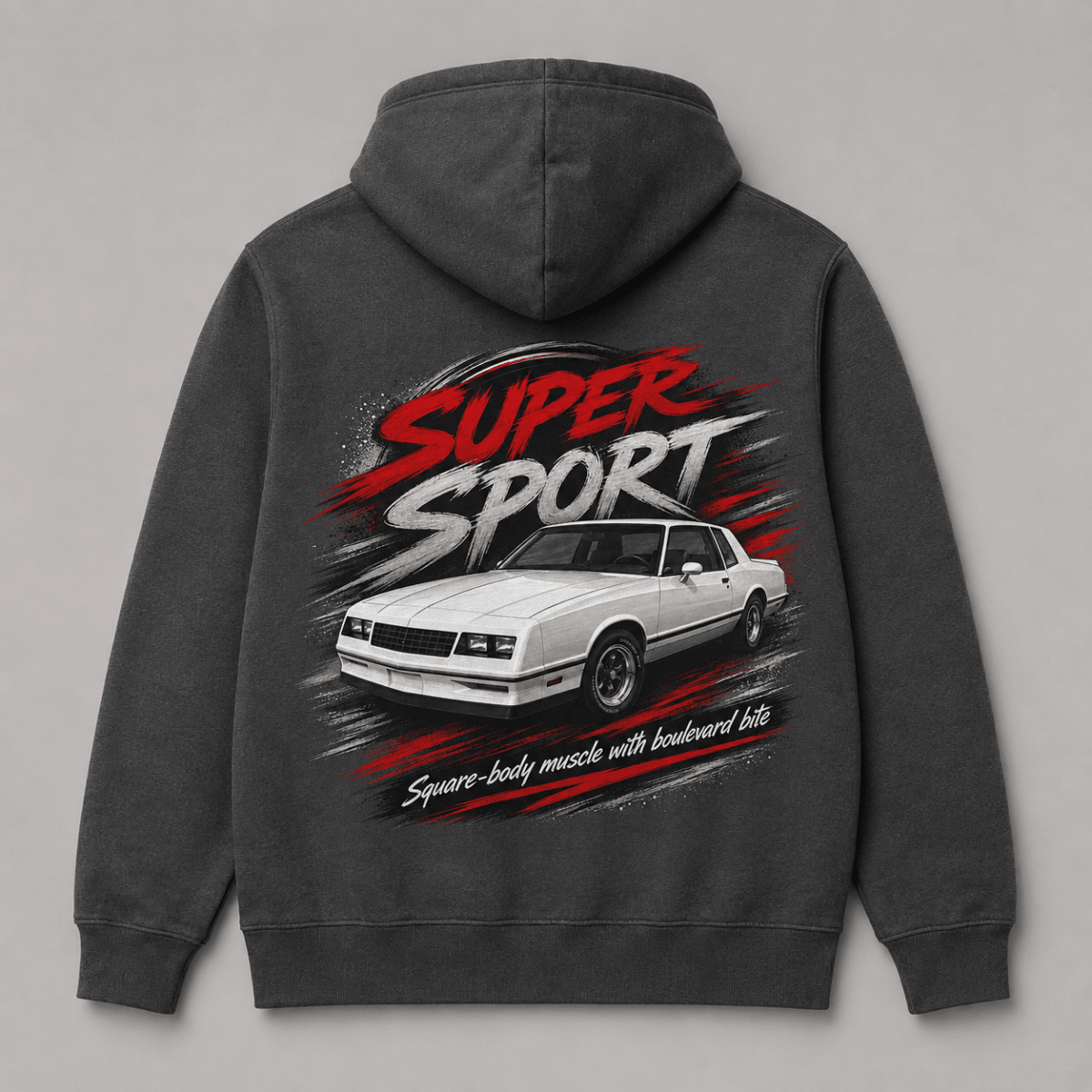Back product view of the dark grey hoodie with large square-body muscle coupe graphic