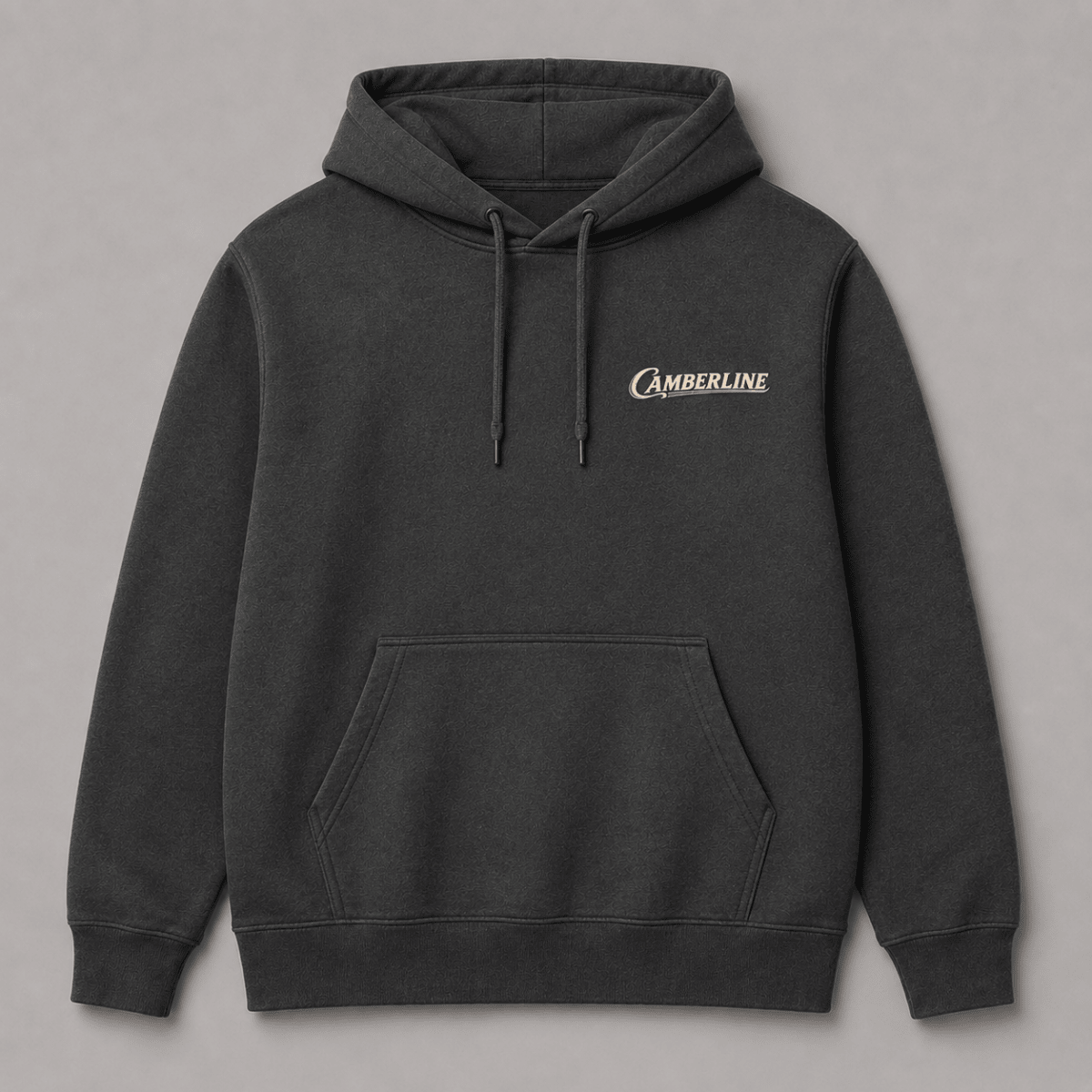 Front product view of the dark grey hoodie with small Camberline chest logo
