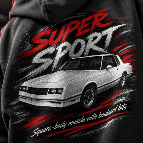 Close-up of the Super Sport Square-Body Muscle Coupe premium halftone DTF print on dark grey hoodie fabric