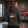 Model wearing a dark grey square-body muscle coupe graphic hoodie, back print view