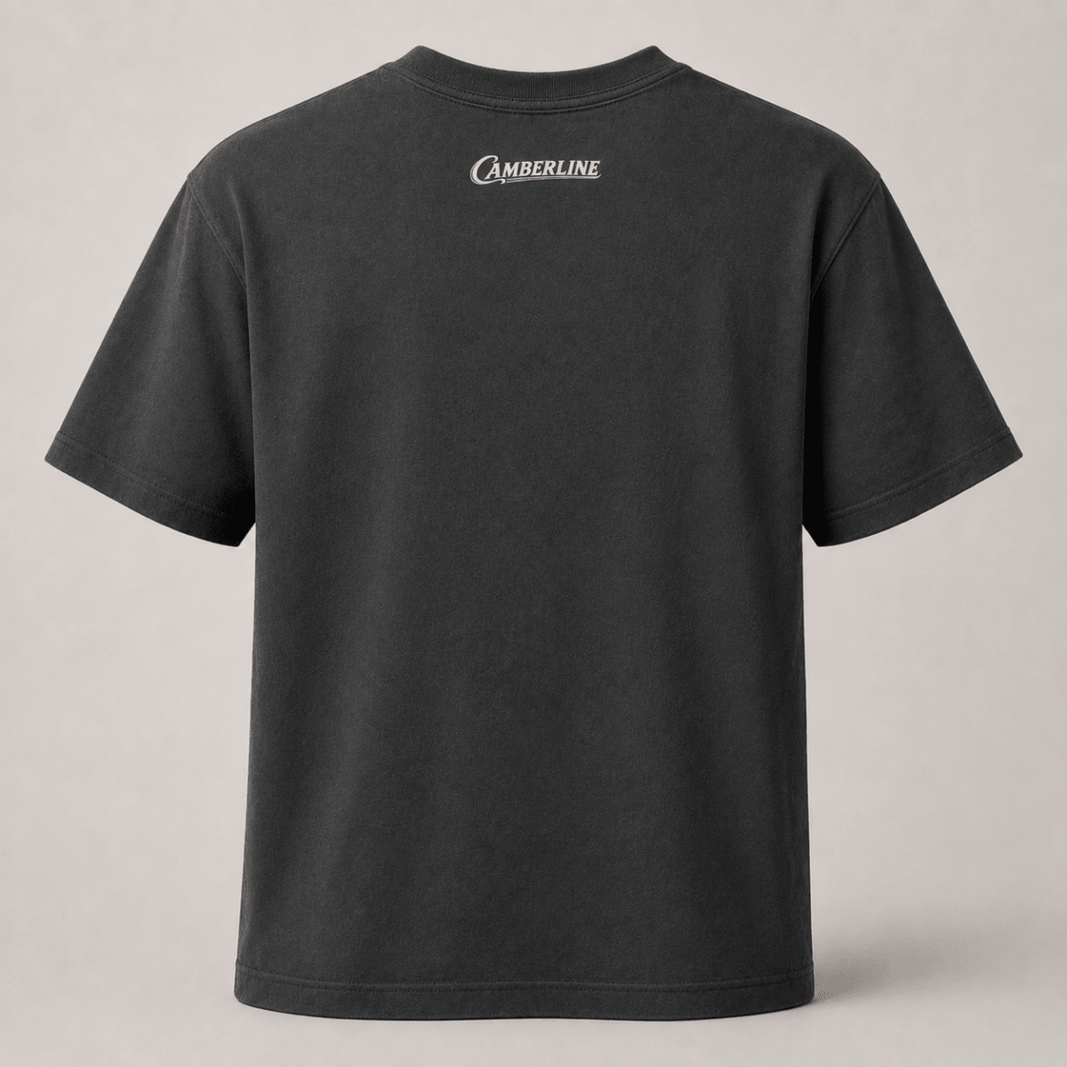 Back product view of the dark grey T-shirt with small Camberline nape print