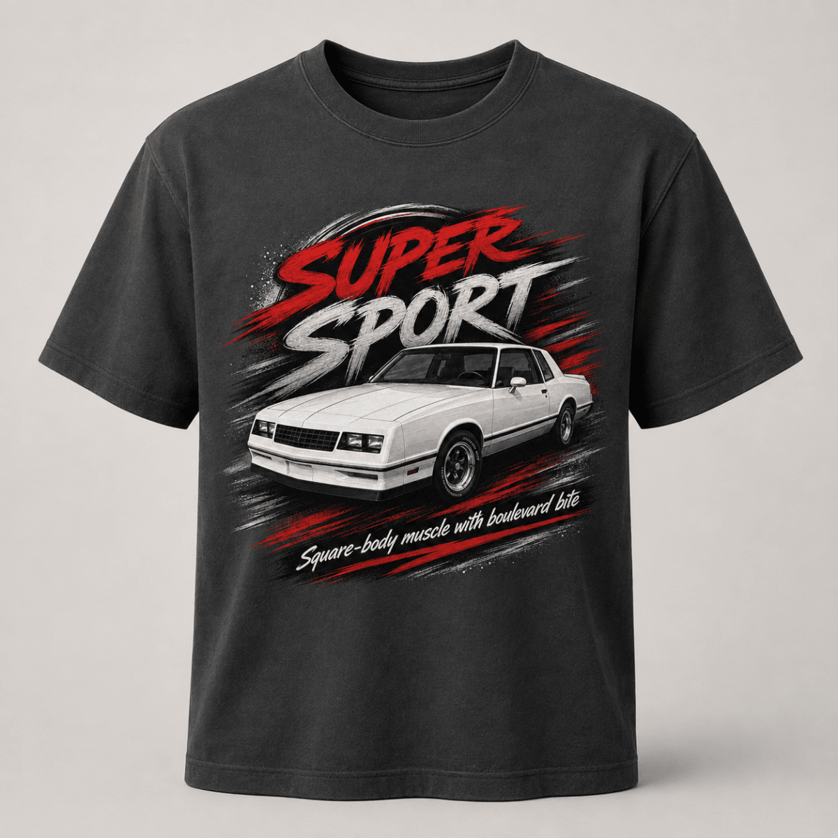 Front product view of the dark grey square-body muscle coupe graphic T-shirt