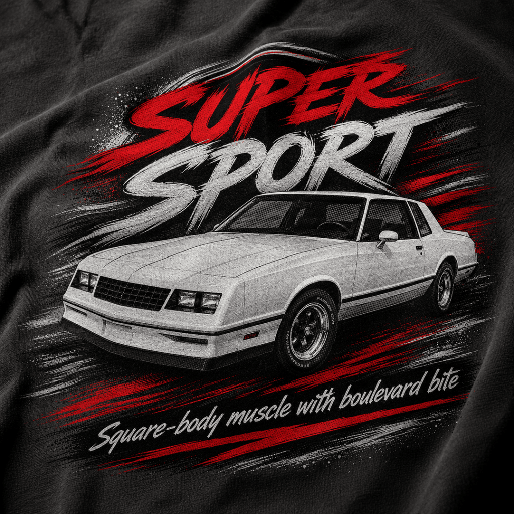 Close-up of the Super Sport Square-Body Muscle Coupe premium halftone DTF print on dark grey fabric