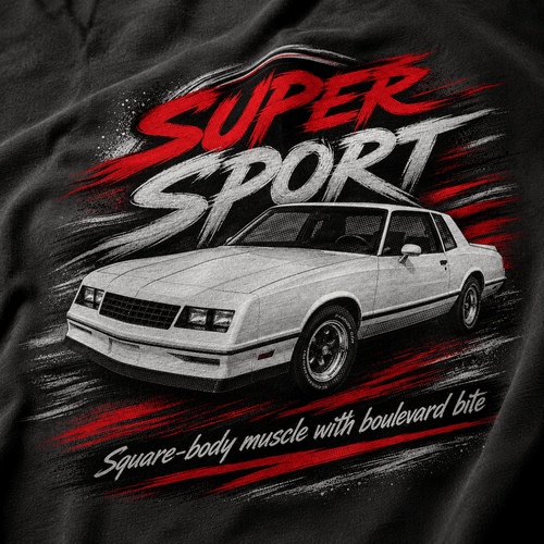 Close-up of the Super Sport Square-Body Muscle Coupe premium halftone DTF print on dark grey fabric
