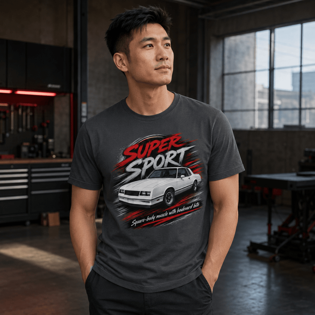 Model wearing a dark grey square-body muscle coupe graphic T-shirt, front view