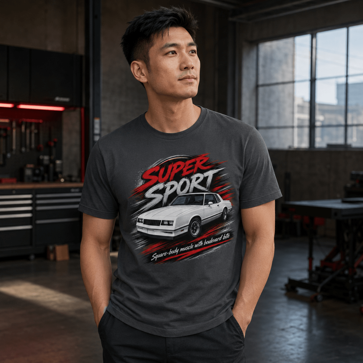 Model wearing a dark grey square-body muscle coupe graphic T-shirt, front view