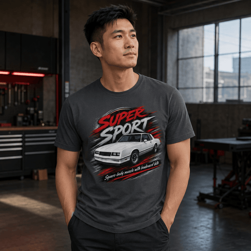 Model wearing a dark grey square-body muscle coupe graphic T-shirt, front view