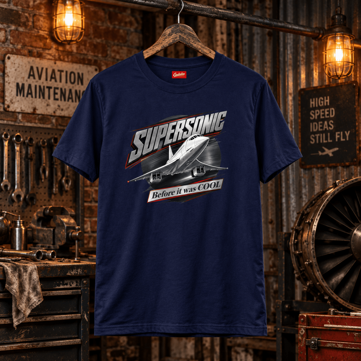 Navy Supersonic Before It Was Cool Concorde graphic T-shirt in a gritty aviation workshop