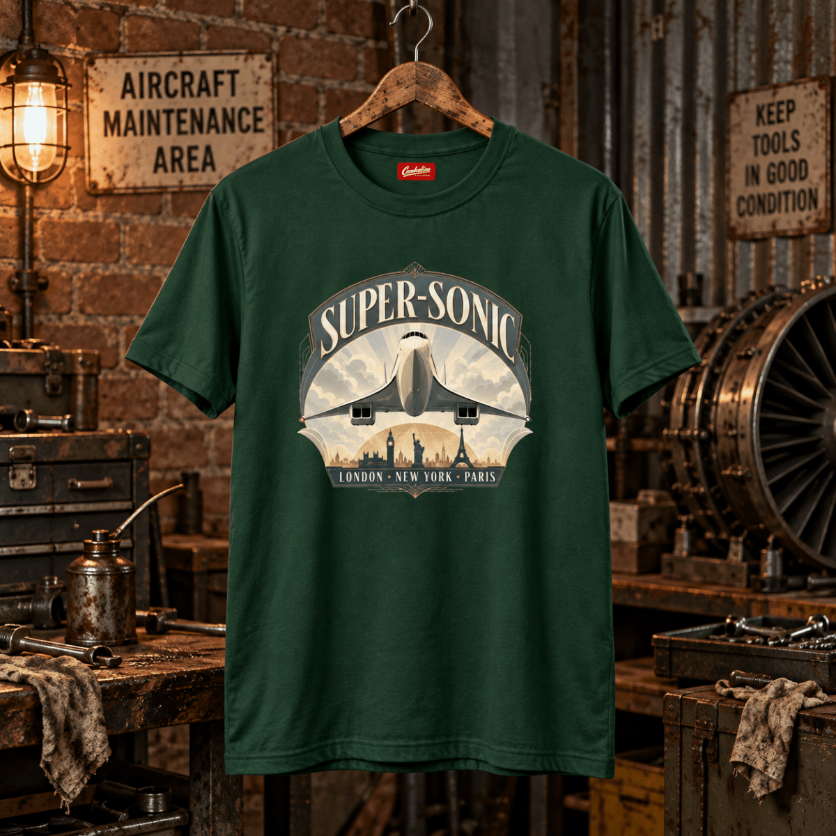 Forest green Supersonic London New York Paris Concorde graphic T-shirt in a gritty aviation workshop