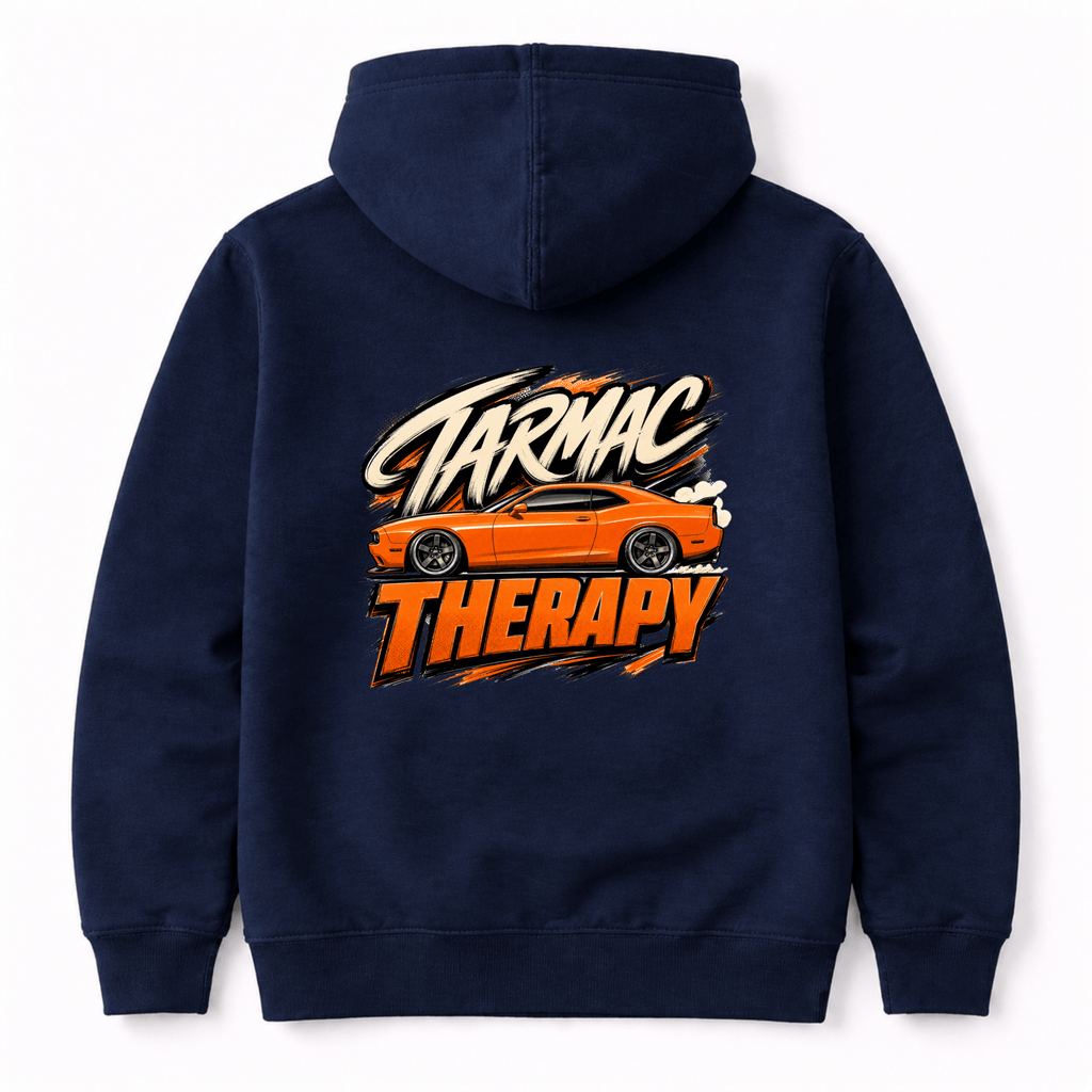 Camberline Cars Tarmac Therapy Hoodie in Navy showing back graphic