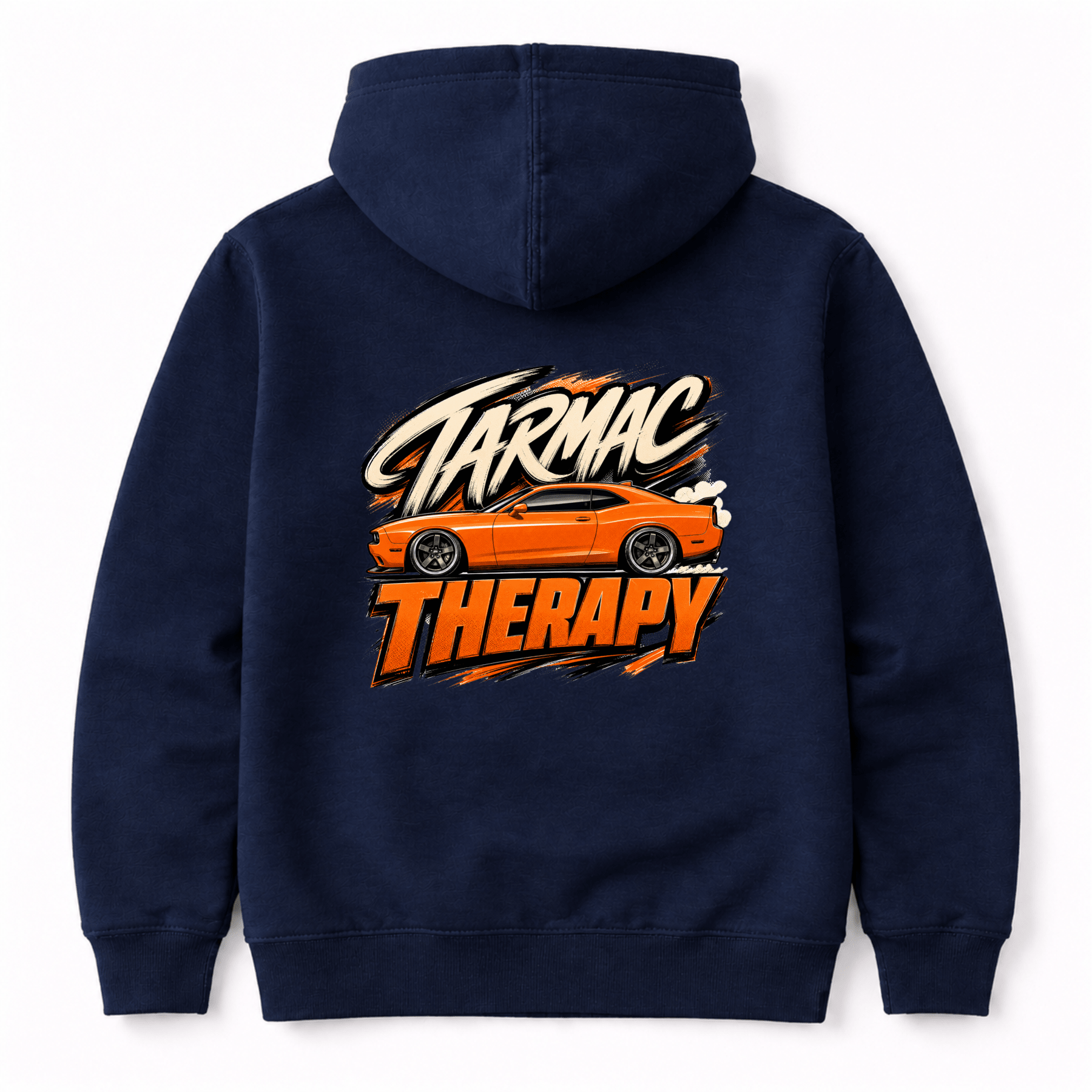 Camberline Cars Tarmac Therapy Hoodie in Navy showing back graphic