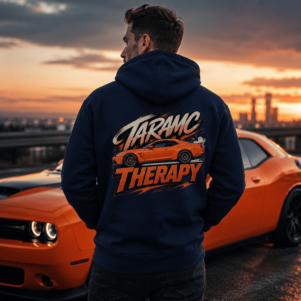 Model wearing Camberline Cars Tarmac Therapy Hoodie in Navy
