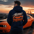 Model wearing Camberline Cars Tarmac Therapy Hoodie in Navy