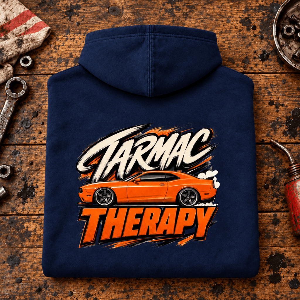 Muscle Car Graphic Hoodie – Tarmac Therapy Car, folded back main hero on a worn automotive workbench – car-hd-0026