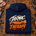 Muscle Car Graphic Hoodie – Tarmac Therapy Car, folded back main hero on a worn automotive workbench – car-hd-0026