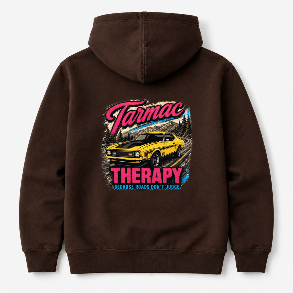 Camberline Cars Tarmac Therapy Muscle Car Hoodie in Hot Chocolate — back view showing the Camberline Cars graphic print