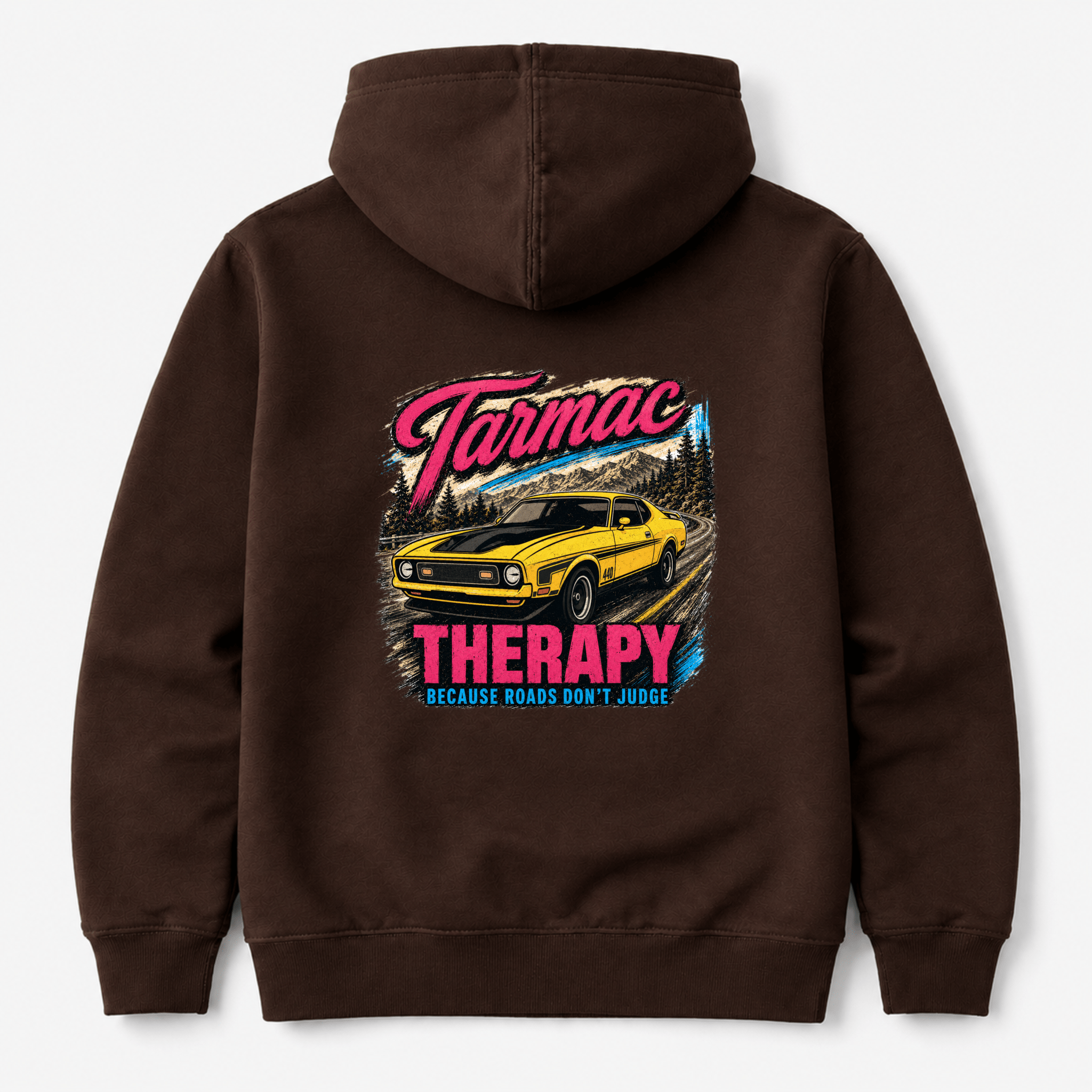Camberline Cars Tarmac Therapy Muscle Car Hoodie in Hot Chocolate — back view showing the Camberline Cars graphic print