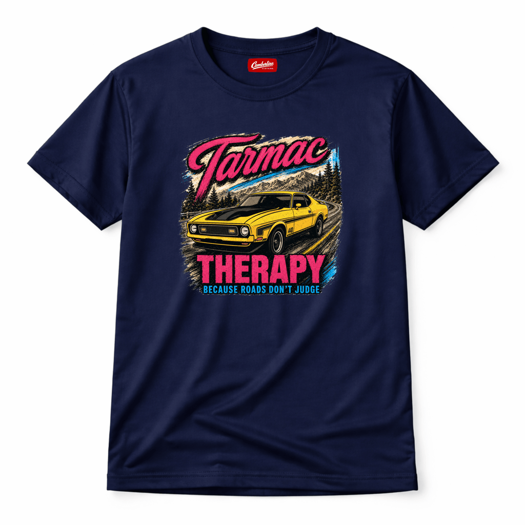 Navy blue t-shirt with a graphic of a yellow car and text on a white background