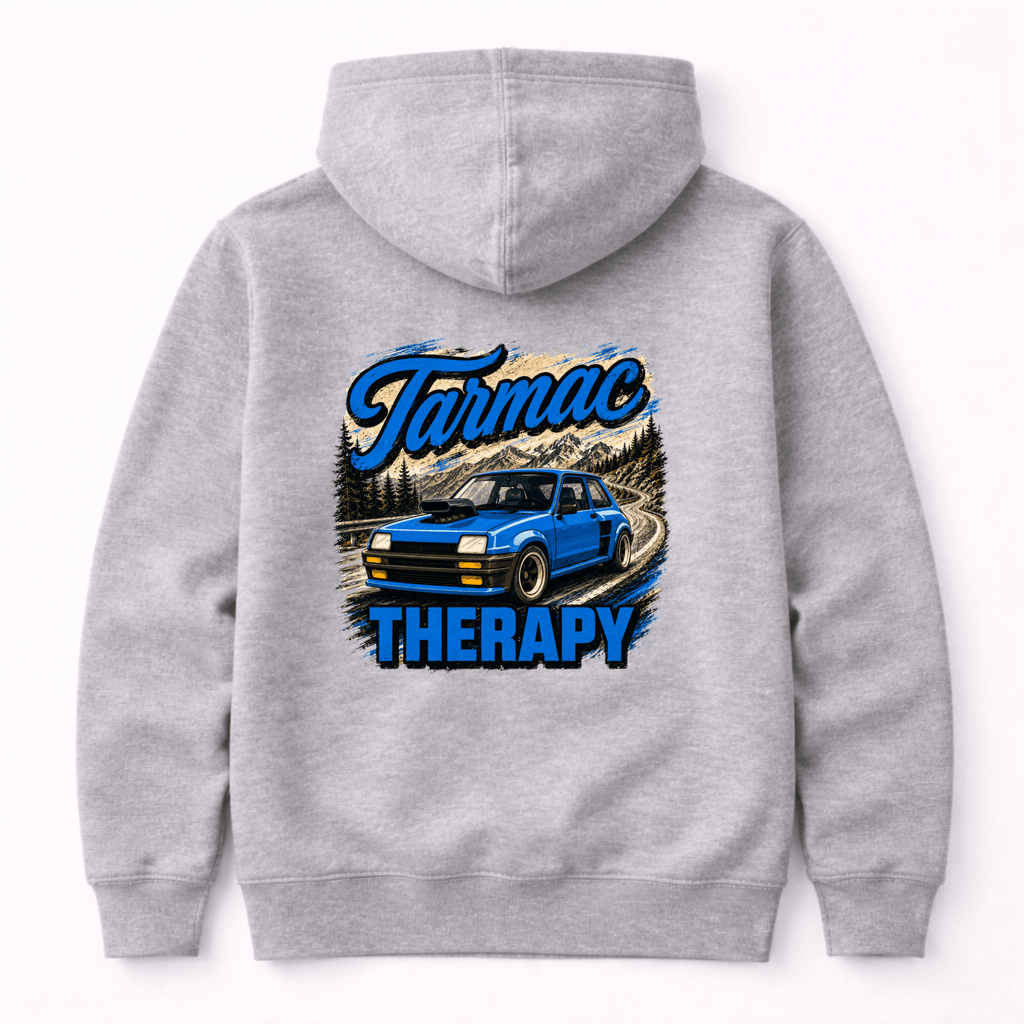Camberline Cars Tarmac Therapy Widebody Hatch Hoodie in Heather Grey — back view showing the Camberline Cars graphic print