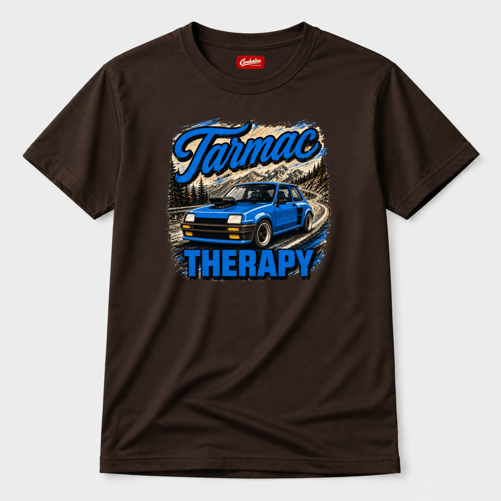 Camberline Cars Tarmac Therapy Widebody Hatch T-Shirt in Dark Chocolate — front view showing the Camberline Cars graphic print