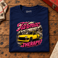 Hot Hatch Graphic T-Shirt – Tarmac Therapy Yellow Mountain Road, folded front main hero on a worn automotive workbench – car-ts-0013