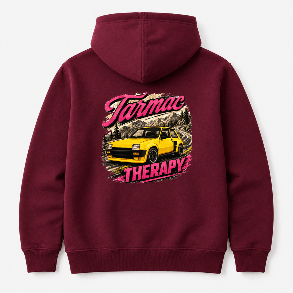 Camberline Cars Tarmac Therapy Yellow Hatch Hoodie in Burgundy — back view showing the Camberline Cars graphic print