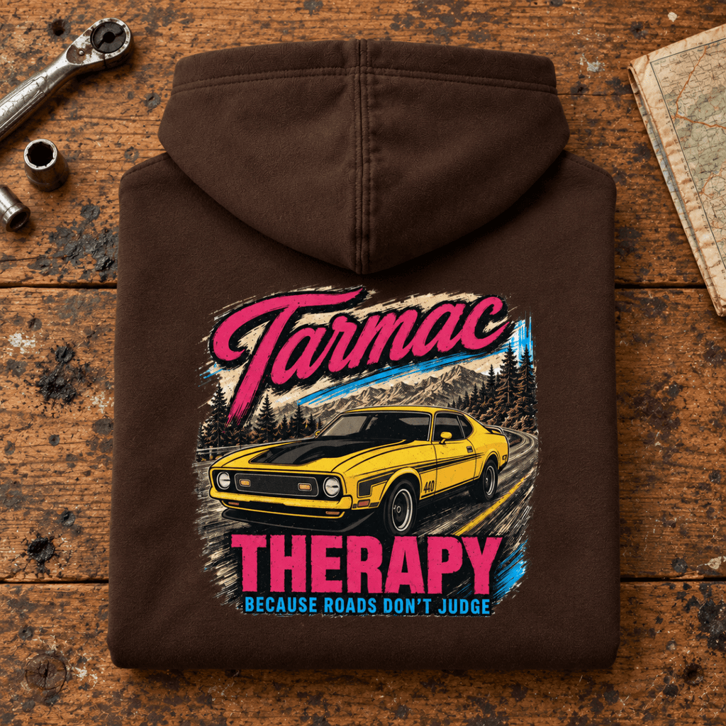 Muscle Car Graphic Hoodie – Tarmac Therapy Car Road Therapy, folded back hero on a worn automotive workbench – car-hd-0017