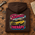 Muscle Car Graphic Hoodie – Tarmac Therapy Car Road Therapy, folded back hero on a worn automotive workbench – car-hd-0017