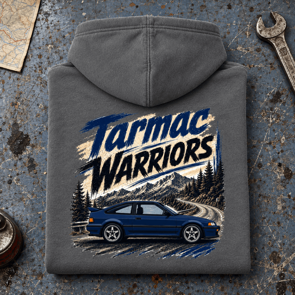 Classic Coupe Graphic Hoodie – Tarmac Warriors Retro Classic Sports Car, folded back main hero on a worn automotive workbench – car-hd-0016