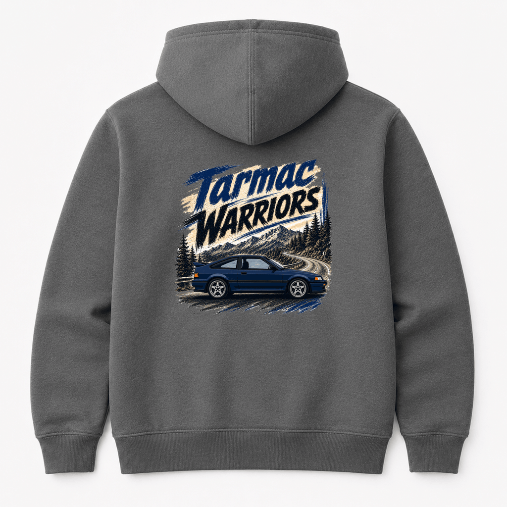 Camberline Cars Tarmac Warriors Retro Coupe Hoodie in Storm Grey — back view showing the Camberline Cars graphic print