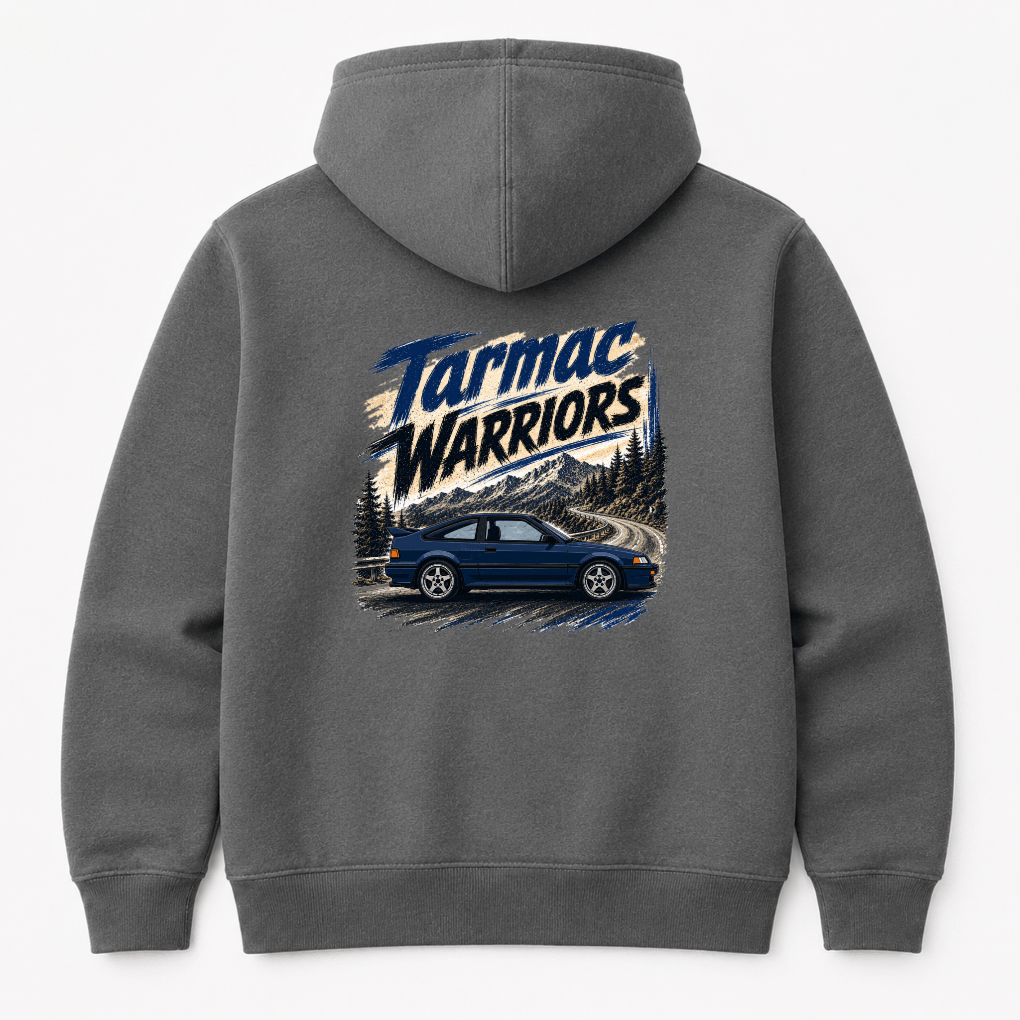 Camberline Cars Tarmac Warriors Retro Coupe Hoodie in Storm Grey — back view showing the Camberline Cars graphic print
