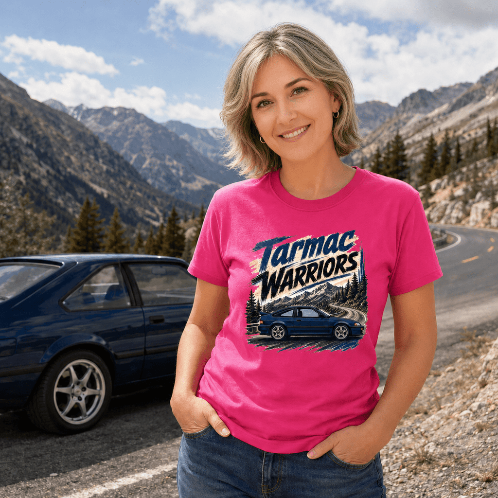 Classic Coupe Graphic T-Shirt – Tarmac Warriors Blue JDM Retro Mountain Pass