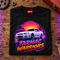 JDM Car Graphic T-Shirt – Tarmac Warriors Retrowave Neon, folded front main hero on a worn automotive workbench – car-ts-0023