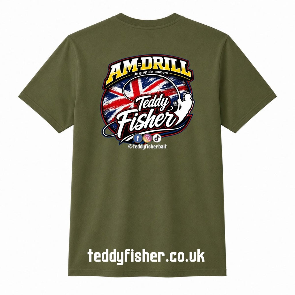 An olive green short-sleeve t-shirt with a large graphic on the chest. The graphic features the text 'AM-DRILL' in yellow and white, above a circular design with the Union Jack flag, the words 'Teddy Fishers' in white script, and a white fishing rod silhouette.