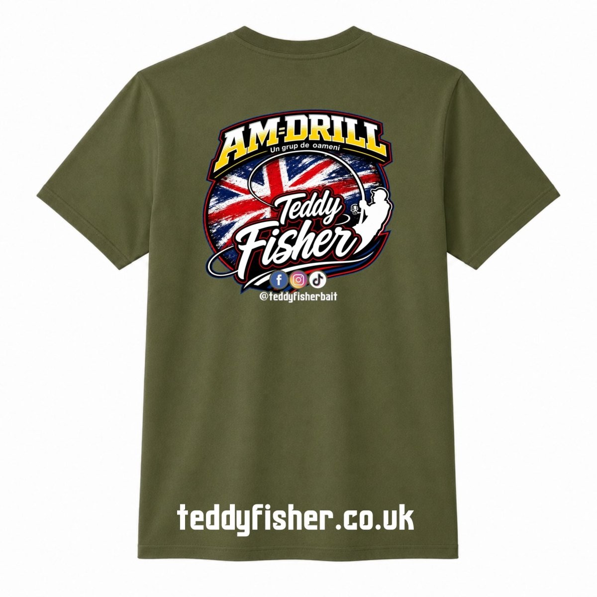 An olive green short-sleeve t-shirt with a large graphic on the chest. The graphic features the text 'AM-DRILL' in yellow and white, above a circular design with the Union Jack flag, the words 'Teddy Fishers' in white script, and a white fishing rod silhouette.