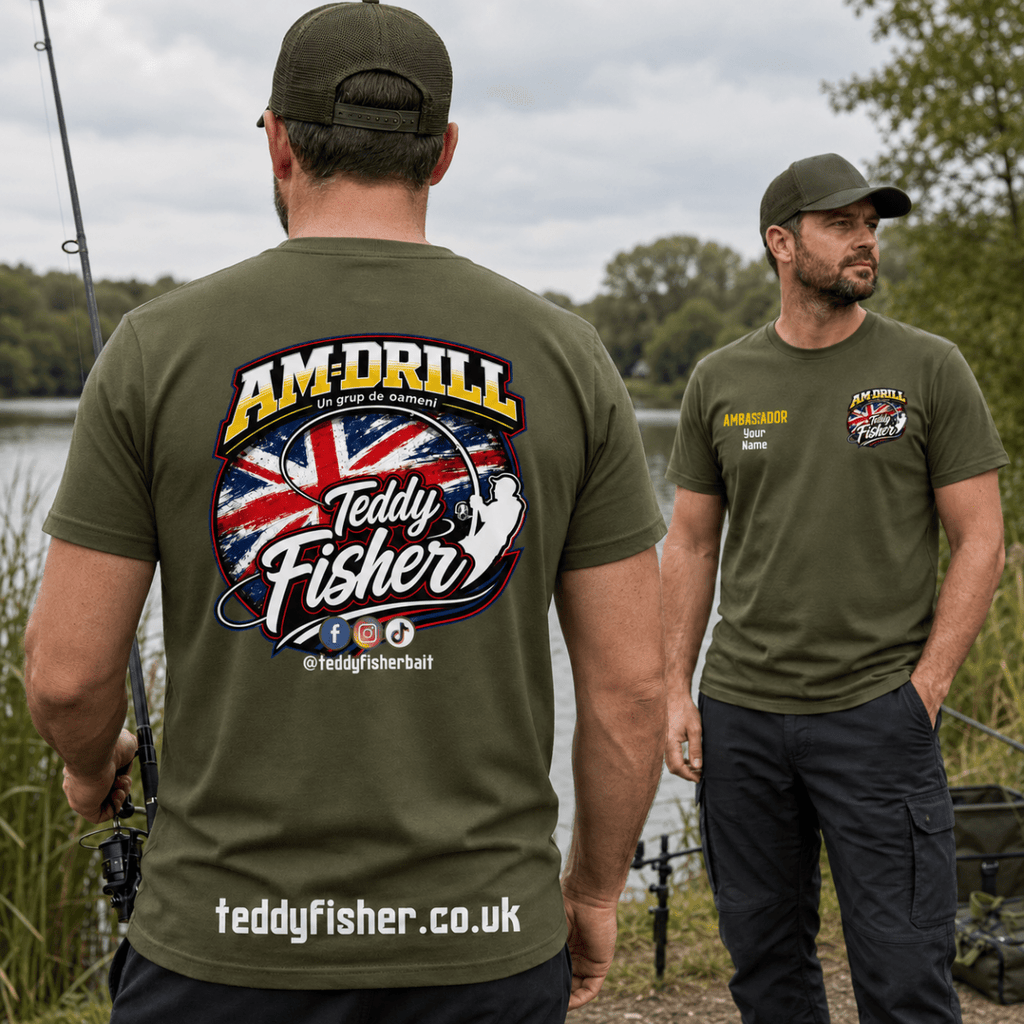 Two men standing outdoors by the water wearing olive green branded fishing t-shirts. The man in the foreground shows the back of the shirt with a large 'AM-DRILL Teddy Fisher' graphic featuring the Union Jack.
