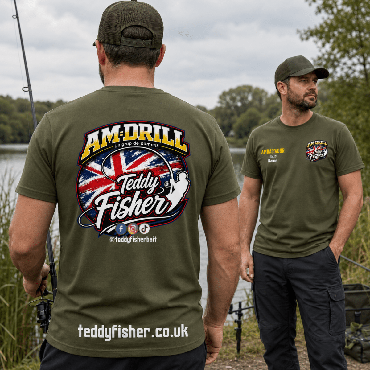 Two men standing outdoors by the water wearing olive green branded fishing t-shirts. The man in the foreground shows the back of the shirt with a large 'AM-DRILL Teddy Fisher' graphic featuring the Union Jack.